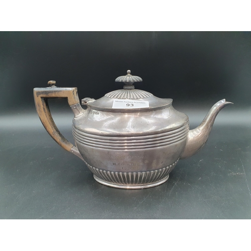 93 - A Victorian silver oval Teapot with presentation inscription, Sheffield 1895, 510gms all in