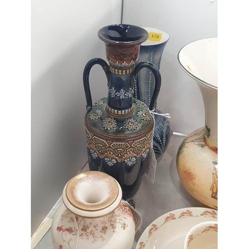 367 - A quantity of Doulton Lambeth including a two-handled Vase, A/F, an embossed blue glaze Vase, a sili... 