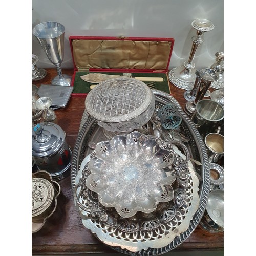 737 - A quantity of plated items including Trays, Candlesticks, Tankards, Dressing table items etc