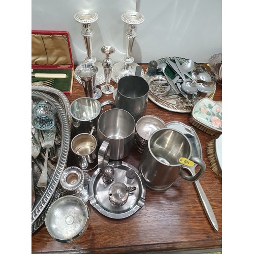 737 - A quantity of plated items including Trays, Candlesticks, Tankards, Dressing table items etc