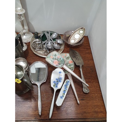 737 - A quantity of plated items including Trays, Candlesticks, Tankards, Dressing table items etc