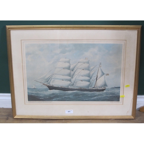 411 - ENGLISH SCHOOL. A colour print of a Barque, 14 x 21in; and an engraving after another hand depicting... 