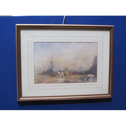 414 - ENGLISH SCHOOL, c.1850. Fisherfolk on a Shore, watercolour, 7 1/2 x 12 in (MEZ)