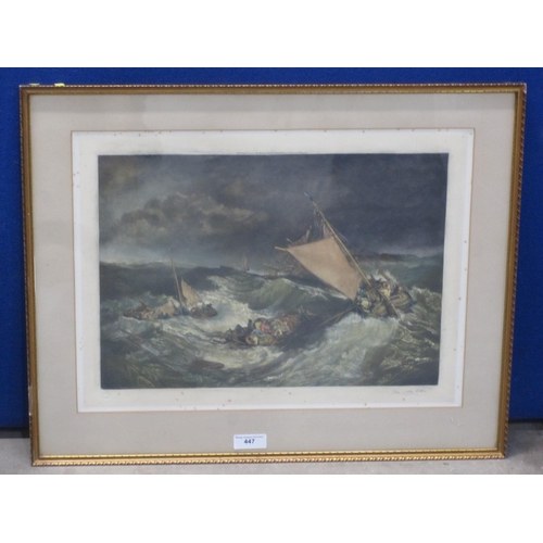 447 - JOHN COTHER-WEBB (after Turner). Boats in a Storm; and A Naval Engagement, mezzotint in colours, pub... 