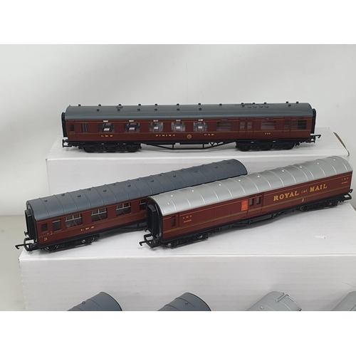 189 - Nine unboxed Hornby 00 gauge LMS Coaches including Restaurant Car and TPO, two LMS Suburban Coaches,... 