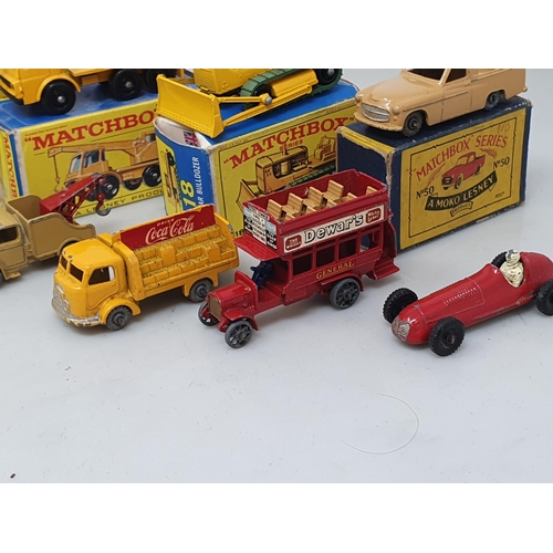 212 - Five play worn Lesney Matchbox Models in damaged boxes including No.50, No.60, No.13, No.52, a Model... 