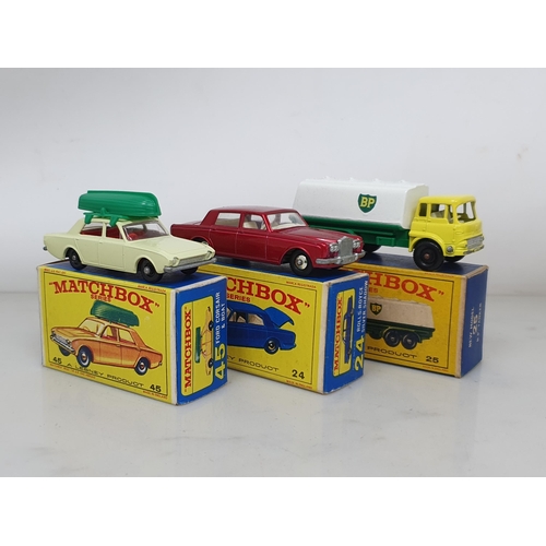 214 - Six boxed Matchbox Lesney Models including No.5 London Bus, No.7 Refuse Truck, No.24 Rolls-Royce Sil... 