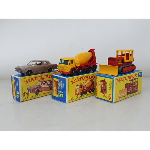 215 - Six boxed Matchbox Lesney Models including No.16 Case Tractor, No.21 Foden Concrete Truck, No.25 For... 