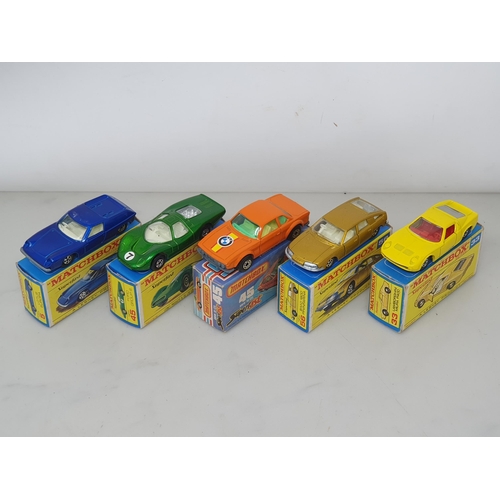 218 - Five Matchbox Superfast Models including No.5 Lotus Europa, No.33 Lamborghini Miura, No.45 Ford Grou... 