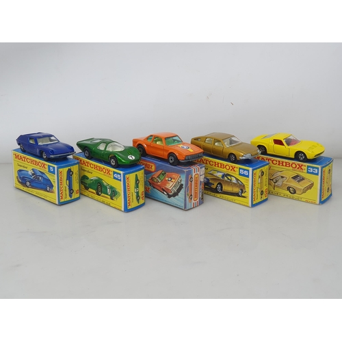 218 - Five Matchbox Superfast Models including No.5 Lotus Europa, No.33 Lamborghini Miura, No.45 Ford Grou... 