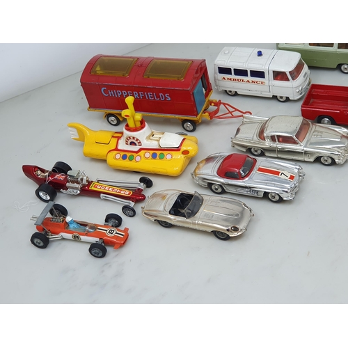 255 - Eleven unboxed Corgi Toys including E-type Jaguar, Mercedes 300SL, Studebaker Golden Hawk, Land Rove... 