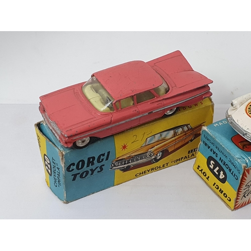 260 - Five part boxed Corgi Toys in varying condition including No.220 Chevrolet Impala, No.475 Citroen Sa... 