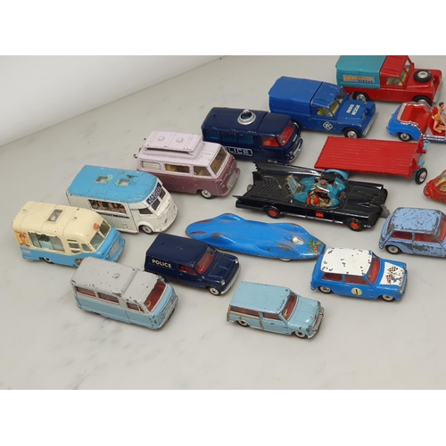 262 - Sixteen play worn Corgi and Dinky Toys including Mini Police Van, Ford Thames Caravan, Batmobile, Gh... 