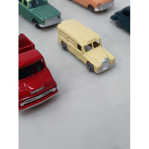 374 - Nine Lesney Matchbox early issue Models including Ford Zodiac Convertible, Morris Minor, Austin A55 ... 