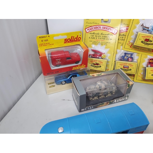 471 - A box of boxed Solido and reproduction Moko-Matchbox Models and a quantity of assorted play worn and... 