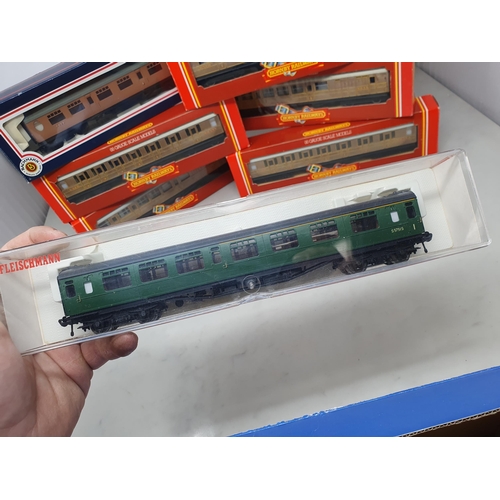 478 - Five boxed Hornby 00 gauge LNER teak Coaches, a boxed Bachmann LNER Coach, two Fleischmann 5147 Coac... 