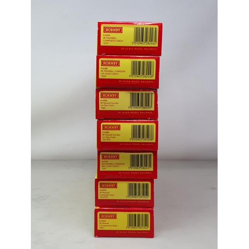 517 - Seven boxed Hornby 00 gauge Maunsell Coaches including R4299E, R4298E, R4298B, R4297B, R4299D, R4300... 