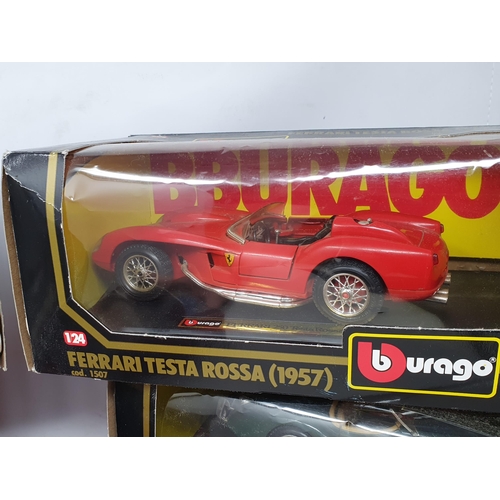 552 - Six boxed Burago 1:24 scale Models including Chevrolet Corvette, AC Cobra, Bugatti, Jaguar XK120, Fe... 