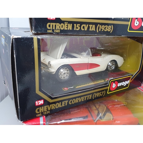 552 - Six boxed Burago 1:24 scale Models including Chevrolet Corvette, AC Cobra, Bugatti, Jaguar XK120, Fe... 