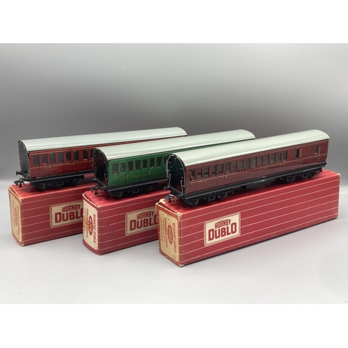 56 - Six Hornby Dublo 2-rail Coaches comprising 4081 B.R. Restaurant Car (some corrosion at ends and a bl... 