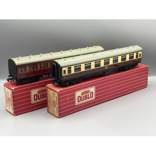 62 - Eight Hornby Dublo boxed Coaches including four super detailed suburbans, all with variable corrosio... 