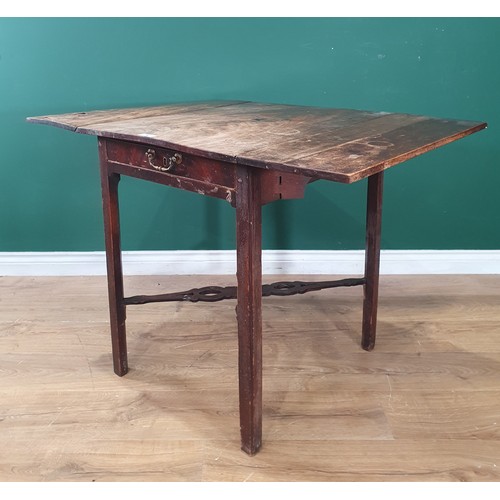 527 - An antique oak Side Table with single fitted drawer on turned supports and square stretchers and bun... 