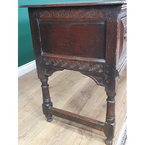 830 - A Charles II oak Dresser Base, fitted four moulded drawers on turned and squared supports and square... 