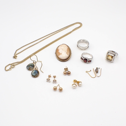 191 - A collection of Jewellery including; 9ct gold Ear Studs, carved shell Cameo Brooch in silver gilt fr... 