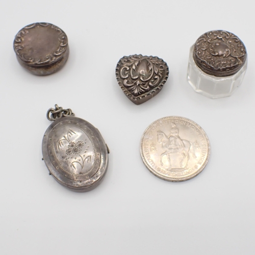 199 - Two silver Pill Boxes, a small silver lidded Jar, a white metal oval Locket and a 1953 commemorative... 