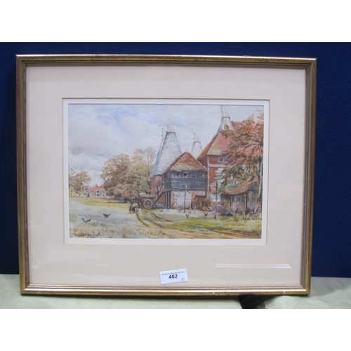 402 - RICHARD MANSER RAYNER. Figures and Carts by Hop Kilns, signed, watercolour, 9 x 12 3/4 in; a waterco... 