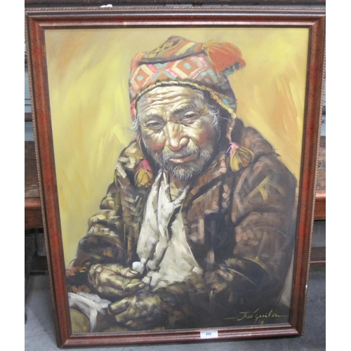 406 - JOSE QUILA. A Peruvian Tribesman, signed, acrylic on canvas, 32 x 16 in (MEZ)