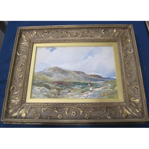 415 - DAVID BATES RI.  A Welsh moorland Landscape with a faggot gatherer on a Path, signed, watercolour, 1... 