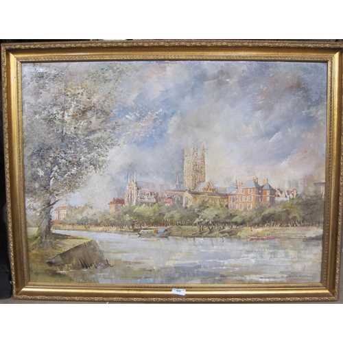 429 - C. LESLIE MATTHEWS. Worcester Cathedral from the River Severn, signed, oil on canvas, 30 x 40 in (ME... 