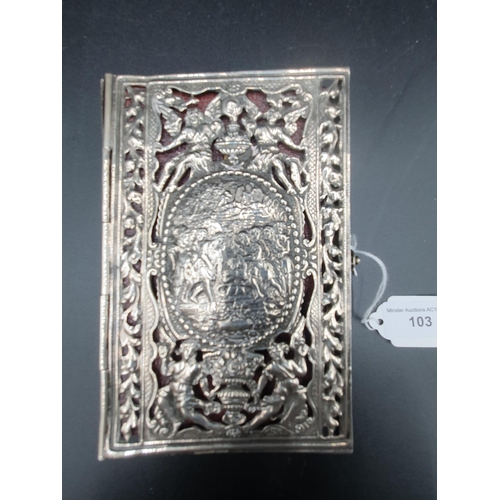 103 - A Continental silver Book Cover pierced and embossed numerous figures, oval cartouches of further fi... 