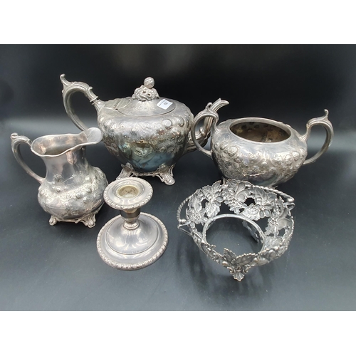 108 - A Victorian plated three piece Tea Service floral embossed, a Dish Holder embossed squirrels and fru... 