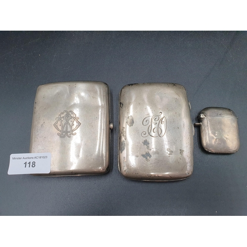 118 - A George V plain silver Vesta Case, Birmingham 1921, and two Cigarette Cases engraved initials, Birm... 