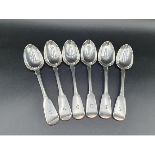 125 - Six George IV silver Dessert Spoons fiddle pattern engraved initial P, Exeter 1823, maker: O.F.