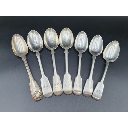 127 - Three Victorian silver Dessert Spoons, fiddle pattern engraved initials, London 1887, another pair, ... 