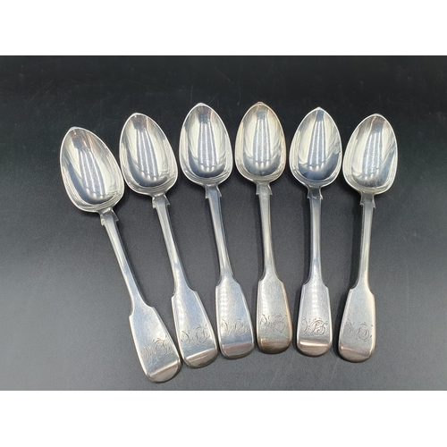 128 - Six Victorian Teaspoons, fiddle pattern engraved initials, Exeter 1844, maker: John Stone (x5), one ... 