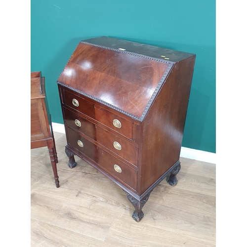 13 - A mahogany veneered Bureau fitted three drawers raised on claw and ball feet 3ft 6in H x 2ft 6in W a... 