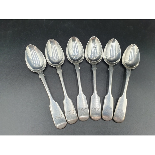 130 - Six Victorian silver Teaspoons, fiddle pattern engraved initials, Exeter 1846, maker: T.W.