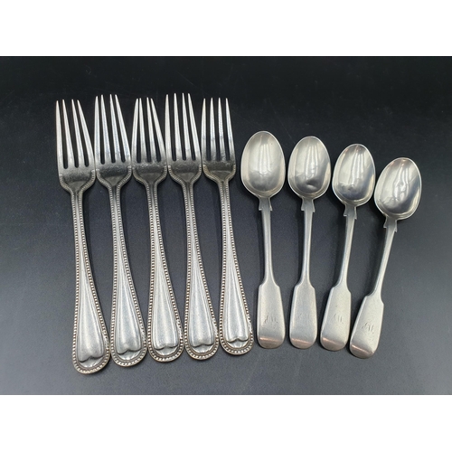 131 - Four Victorian silver Teaspoons, fiddle pattern, engraved initials, London 1875, and five plated bea... 