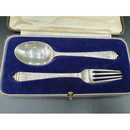 133 - A George VI silver Christening Spoon and Fork, engraved initials, dog nose finials, London 1941, in ... 