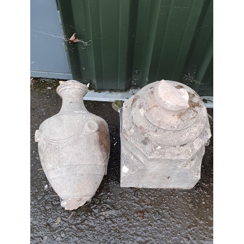 230 - Two reconstituted Garden Urns with swag designs on pedestal bases, 2ft 6in H A/F