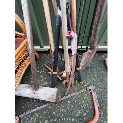 244 - A quantity of Garden Tools including Spade, Fork, Saw, Brushes etc