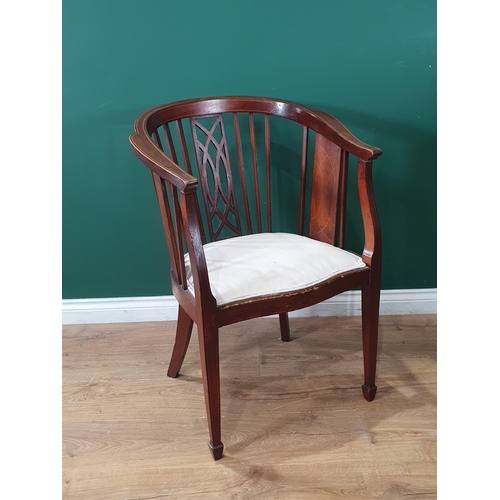 256 - A mahogany and inlaid decorated bar back Elbow Chair with cream upholstered seat, raised on square t... 