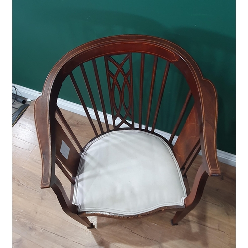 256 - A mahogany and inlaid decorated bar back Elbow Chair with cream upholstered seat, raised on square t... 