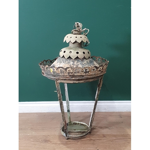 260 - An antique patinated Lantern with pierced finial and pierced shaped frieze, A/F (Missing glass panel... 