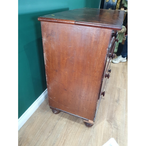 280 - A mahogany Chest of two short, three long graduated Drawers raised on bun feet, A/F, 3ft 3