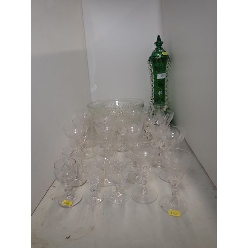 301 - A Mary Gregory style green glass lidded Vase, two Bowls and a quantity of engraved liquor Glasses (R... 